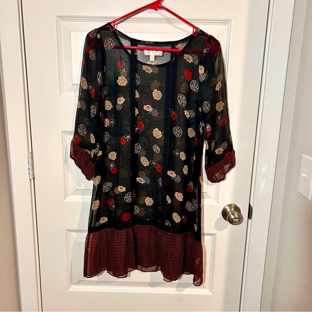 Moulinette Soeurs Anthropologie Size XS Floral Silk Shift Dress Black Rose Lace